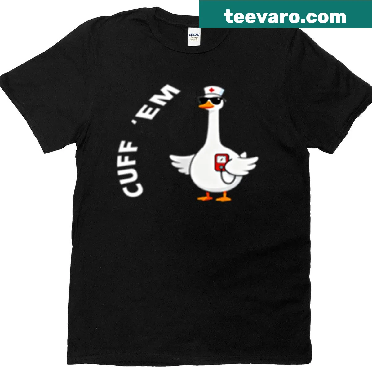 Funny nurse t-shirt with 'Cuff 'em Goose' cartoon graphic — on a men's t-shirt