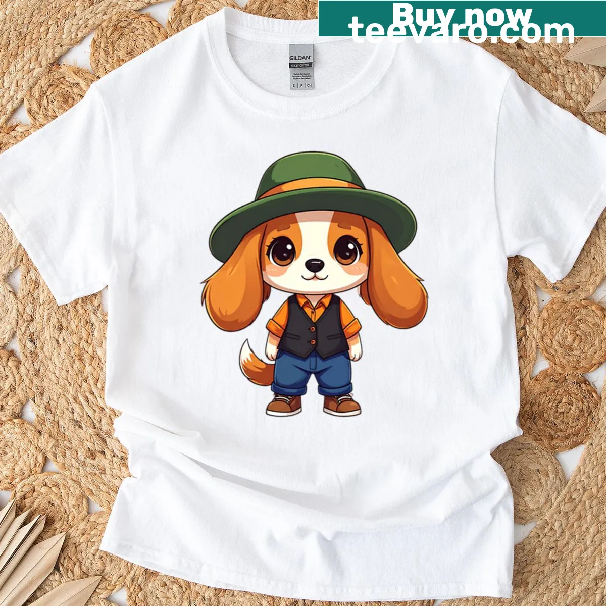 Cartoon dog wearing a green hat on a whimsical t-shirt design — on a men's t-shirt