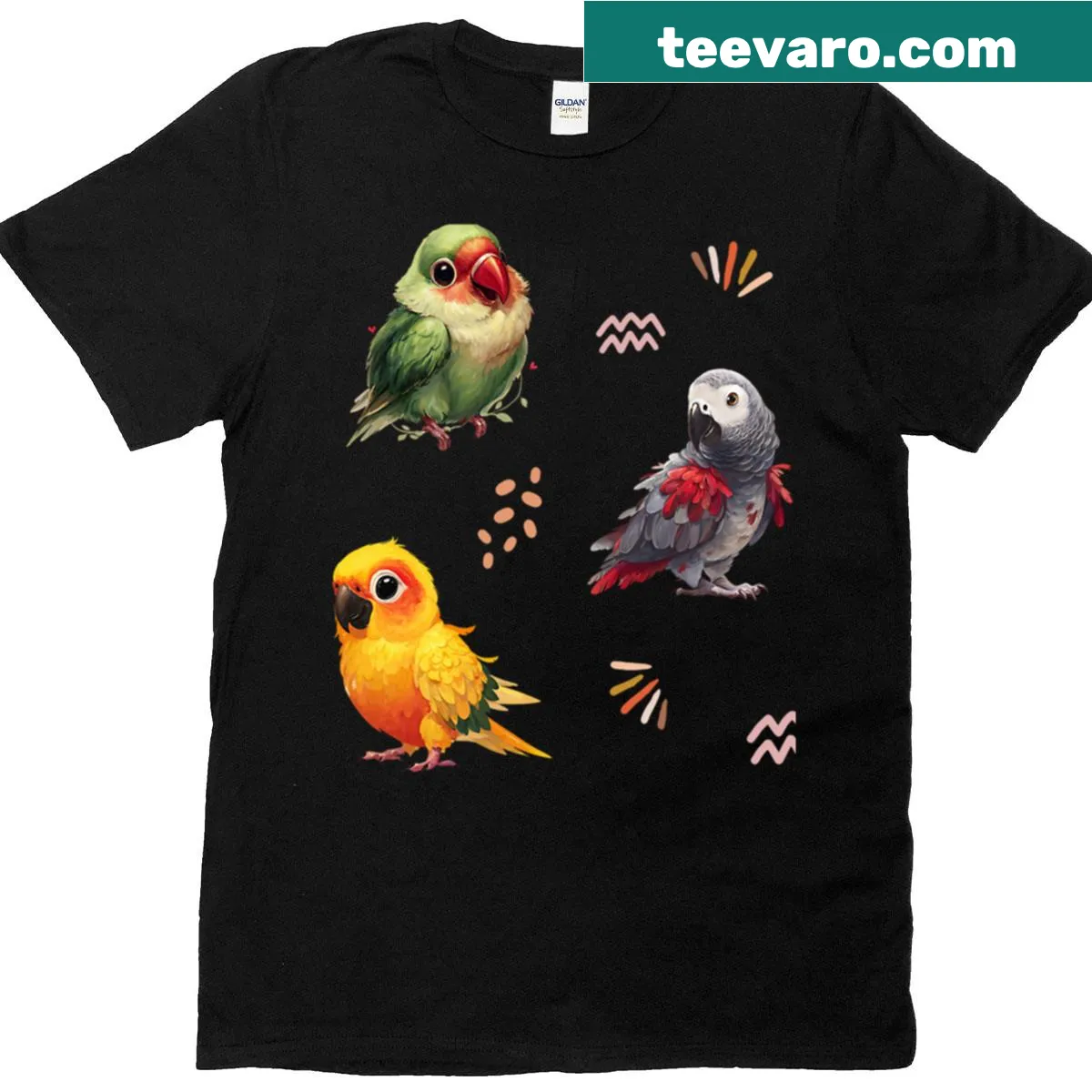 Cartoon parrots illustration on a t-shirt — on a men's t-shirt
