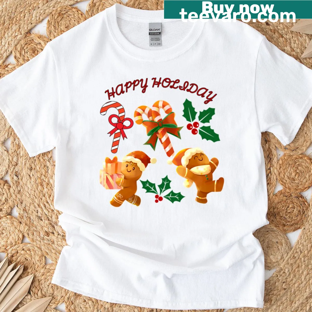 T-shirt featuring gingerbread cookies and candy canes for holidays — on a men's t-shirt