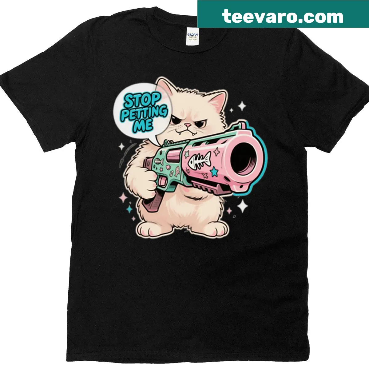 Grumpy cat with pink gun and text 'Stop Petting Me' illustration — on a men's t-shirt