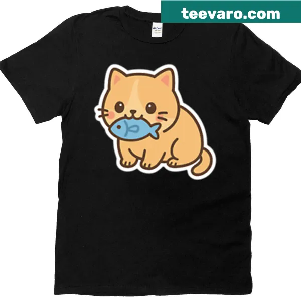 Kawaii cat eating fish design on a cute T-shirt