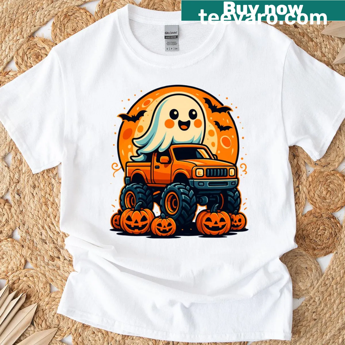 Cute Halloween T-shirt with a ghost in a monster truck — on a men's t-shirt