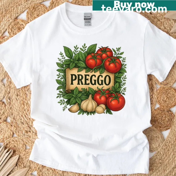 Illustration of a preggo costume for pregnancy announcement on a t-shirt