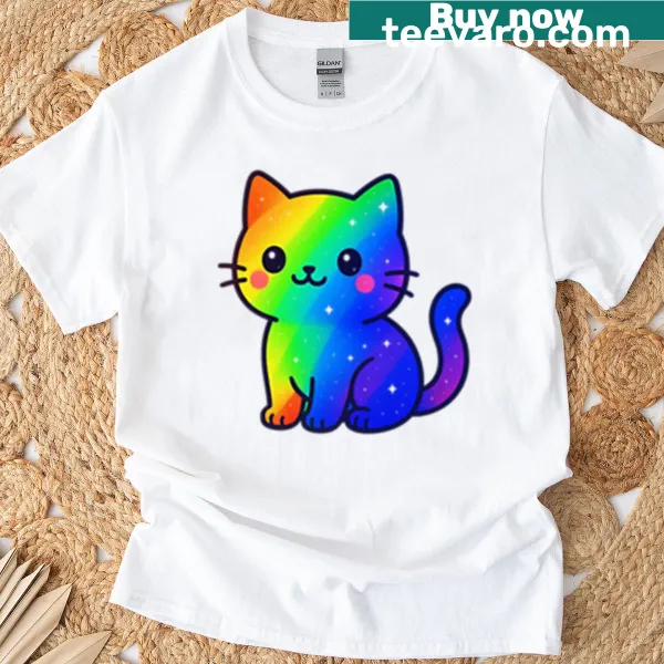 Cute kawaii cat sticker graphic with a rainbow on a T-shirt