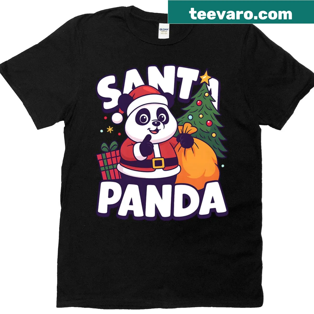 Adorable Santa panda T-shirt with Christmas tree design. — on a men's t-shirt