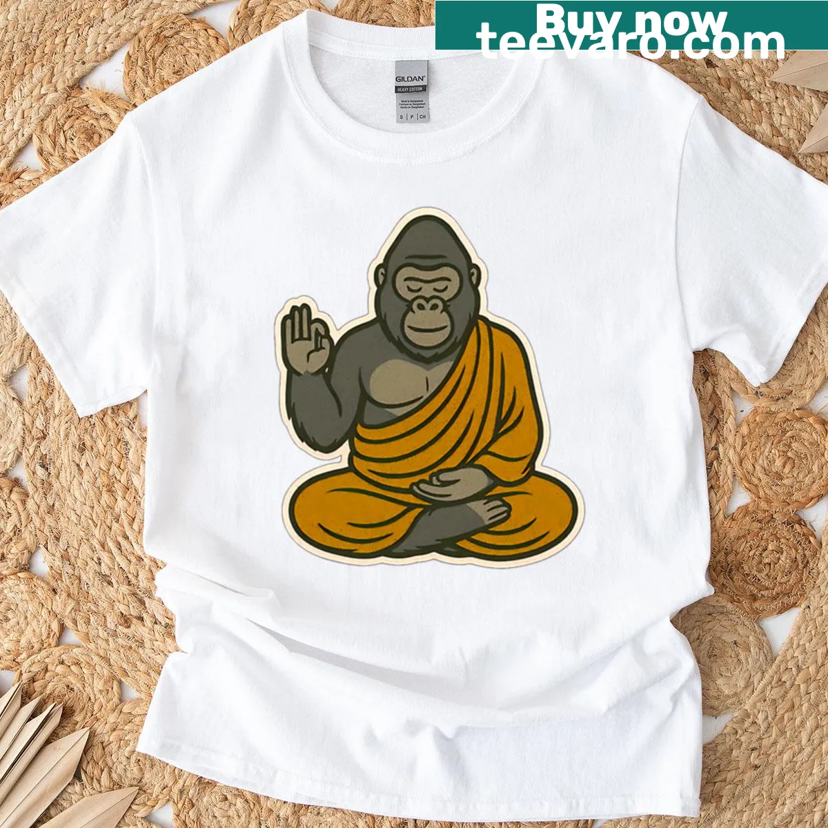 Illustration of a meditating gorilla on a zen-themed T-shirt — on a men's t-shirt