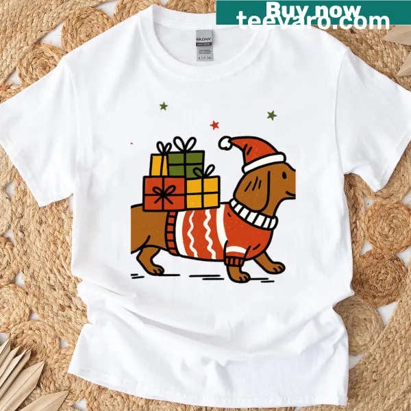 Adorable Dachshund Christmas T-shirt with festive illustrations