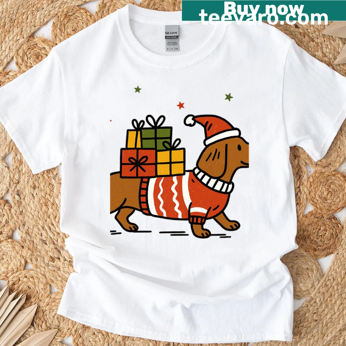 Adorable Dachshund Christmas T-shirt with festive illustrations — on a men's t-shirt