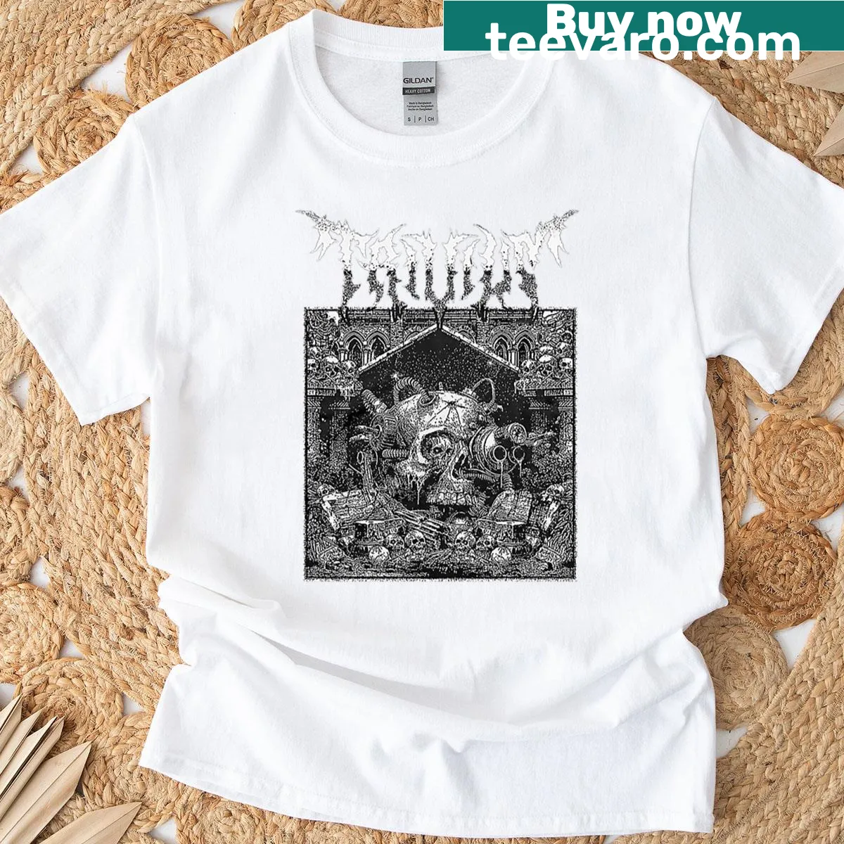 Illustrative black and white dark fantasy art T-shirt — on a men's t-shirt
