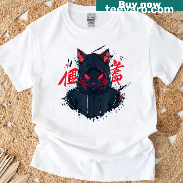 Illustration of a dark kitsune fox yokai on the T-shirt.
