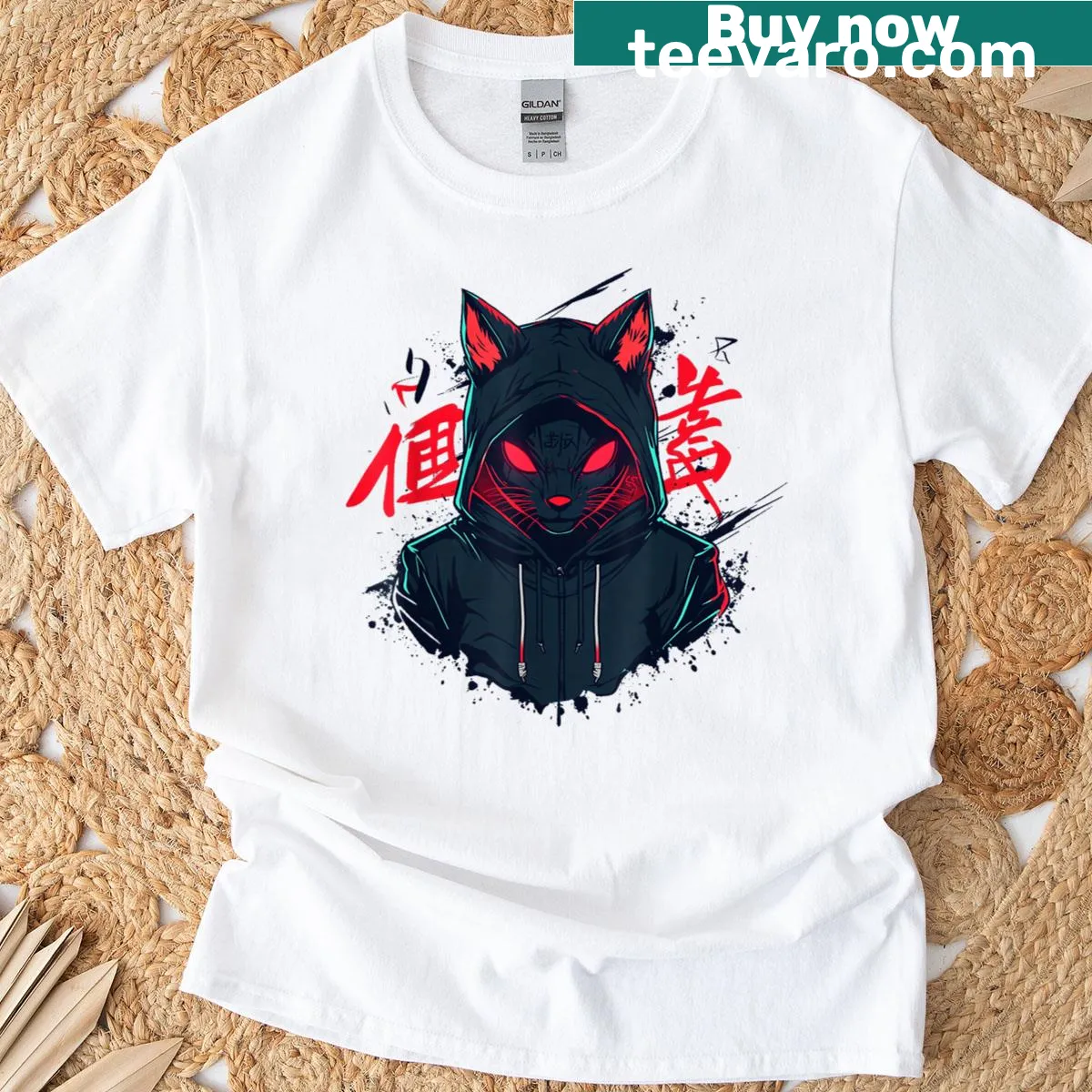 Illustration of a dark kitsune fox yokai on the T-shirt. — on a men's t-shirt