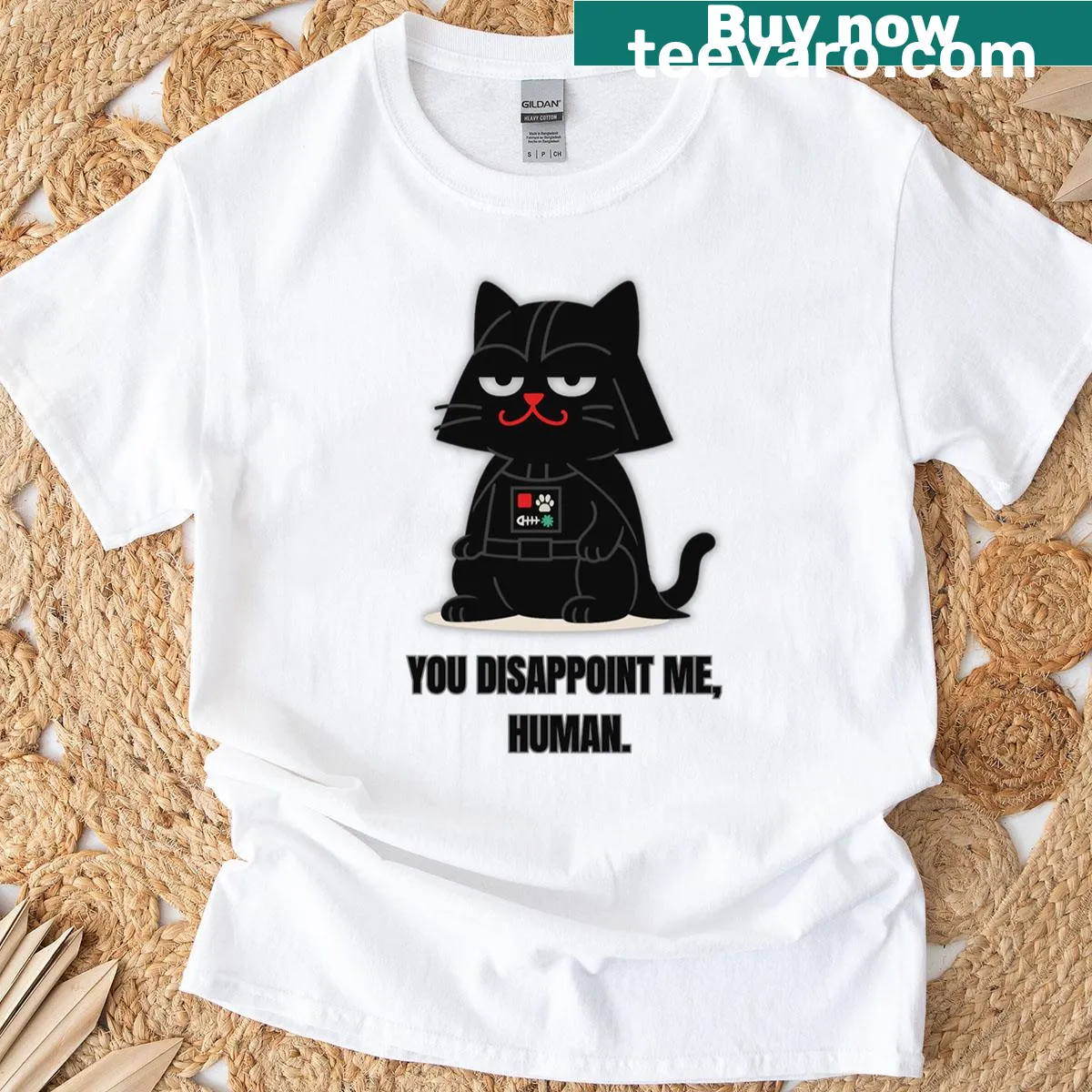 Funny cat-themed T-shirt with Darth Purr phrase — on a men's t-shirt