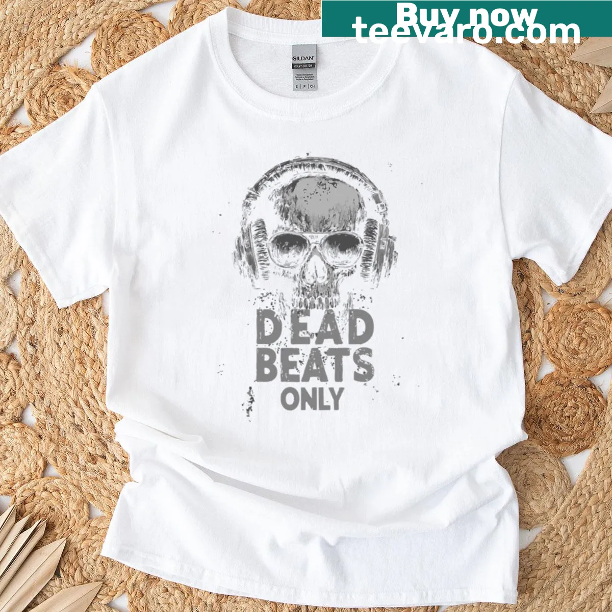 Oversized T-shirt with zombie music design saying 'Dead Beats Only' — on a men's t-shirt