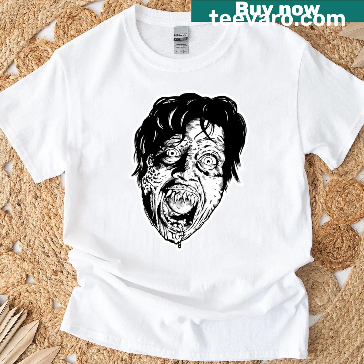 Black and white demon illustration T-shirt for gothic fantasy lovers — on a men's t-shirt