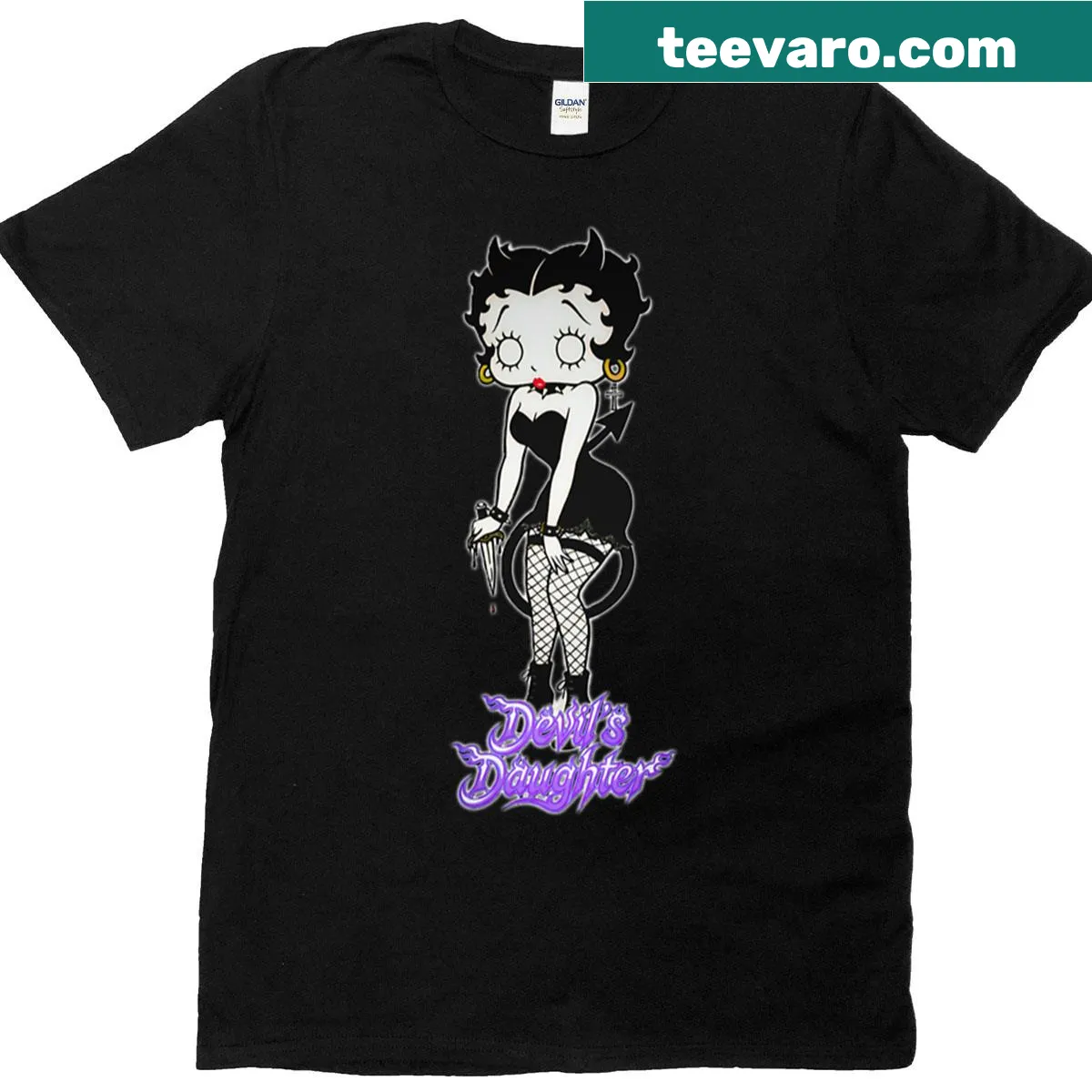 Goth pin-up T-shirt featuring a devilish daughter illustration — on a men's t-shirt