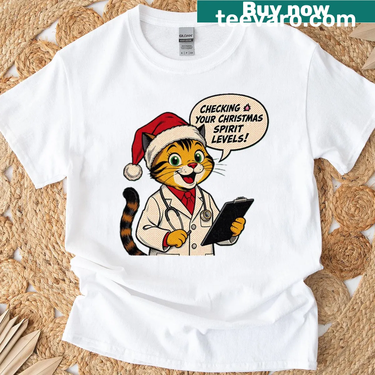 Funny Christmas T-shirt with a doctor cat checking your Christmas spirit. — on a men's t-shirt