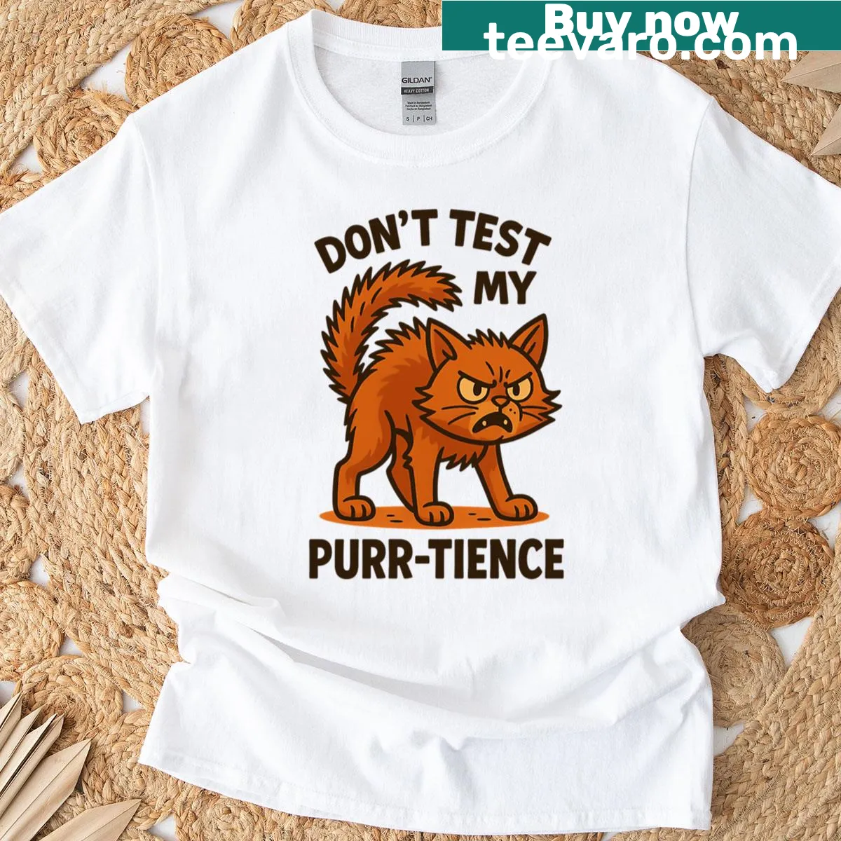 Humorous cat-themed T-shirt with playful graphics and purr-tience text — on a men's t-shirt