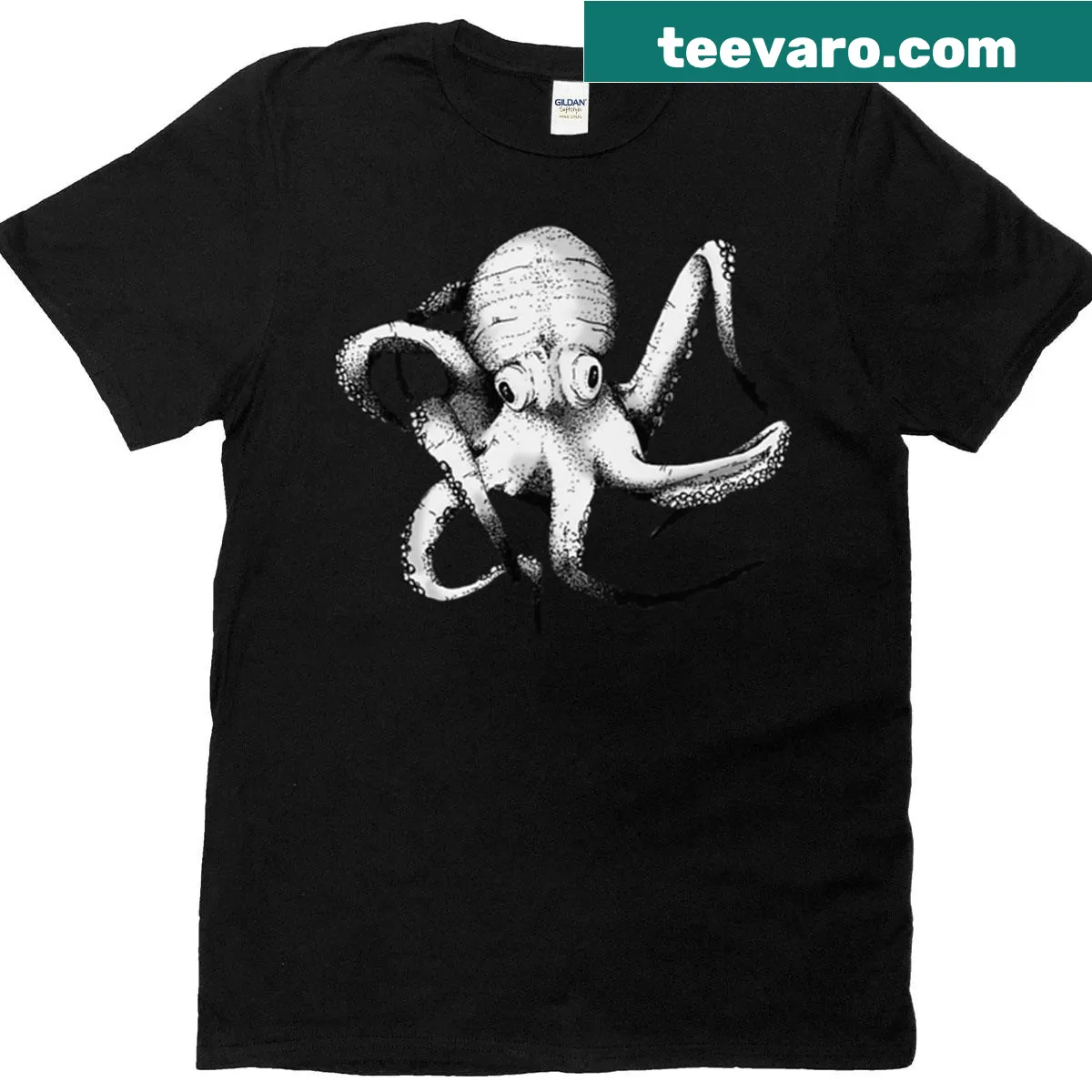 Intricate dotwork design of an octopus in black ink on T-shirt — on a men's t-shirt