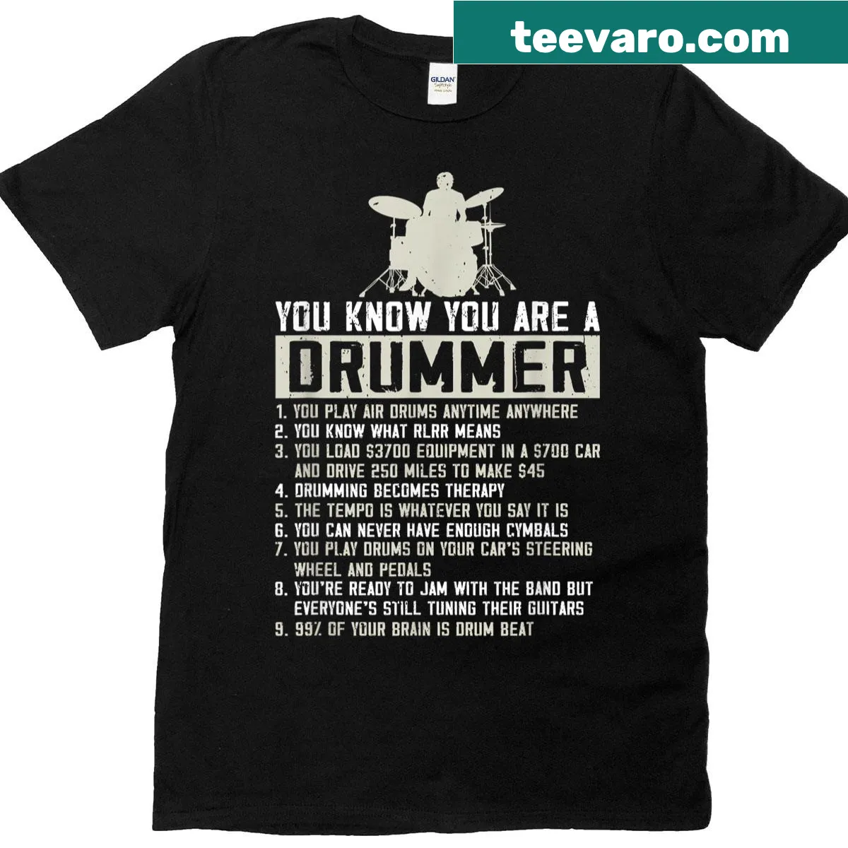 Typography celebrating drumming and percussion on T-shirt. — on a men's t-shirt