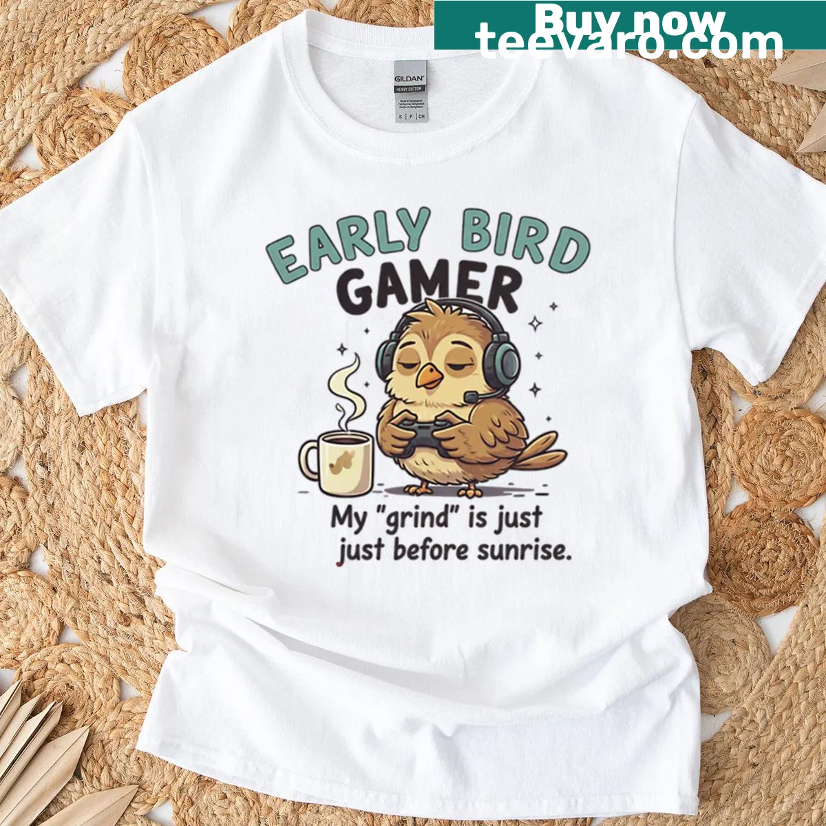 Funny gaming shirt with coffee grind theme and humorous text — on a men's t-shirt
