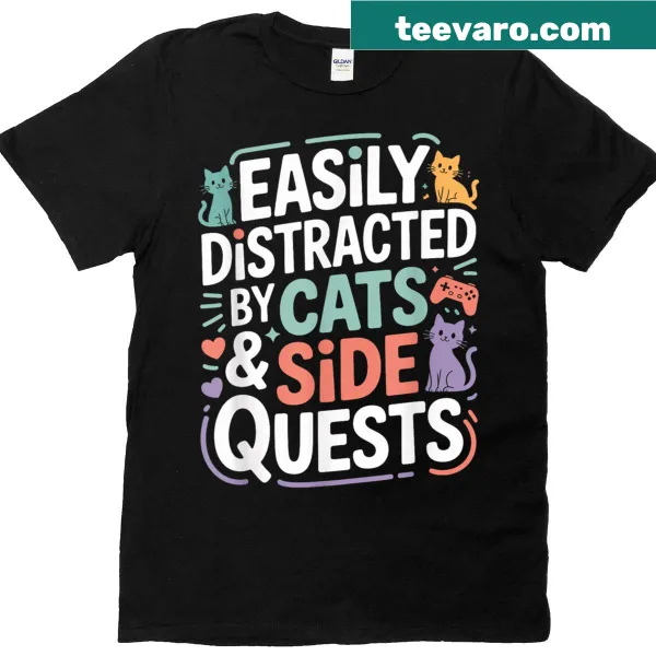 Funny gamer T-shirt with 'Easily Distracted By Cats' text