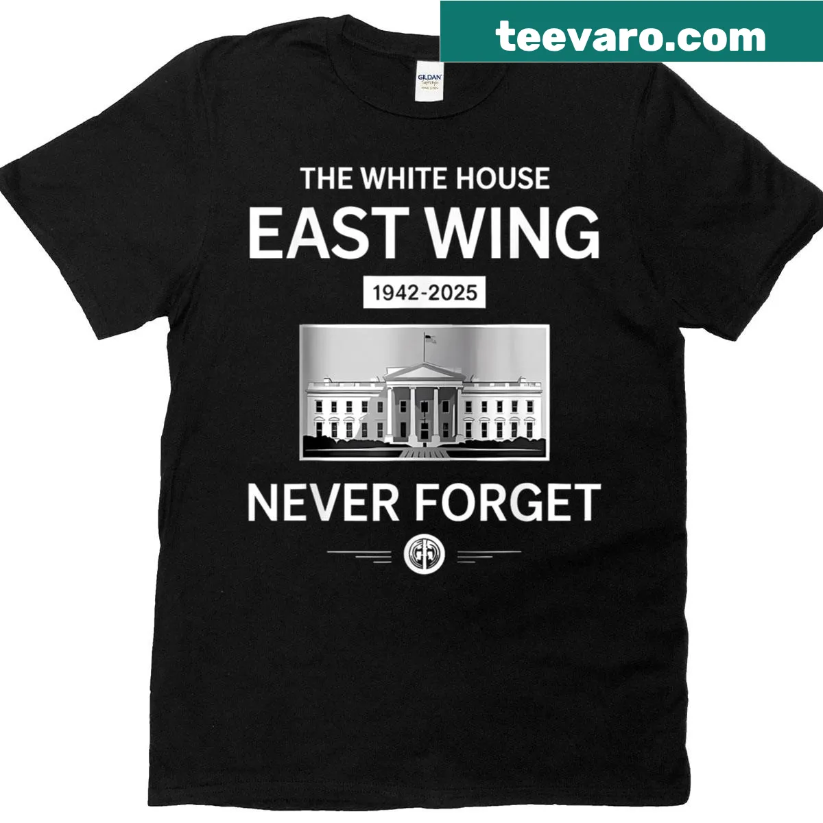 Memorial T-shirt with 'Never Forget 1942-2025' text — on a men's t-shirt