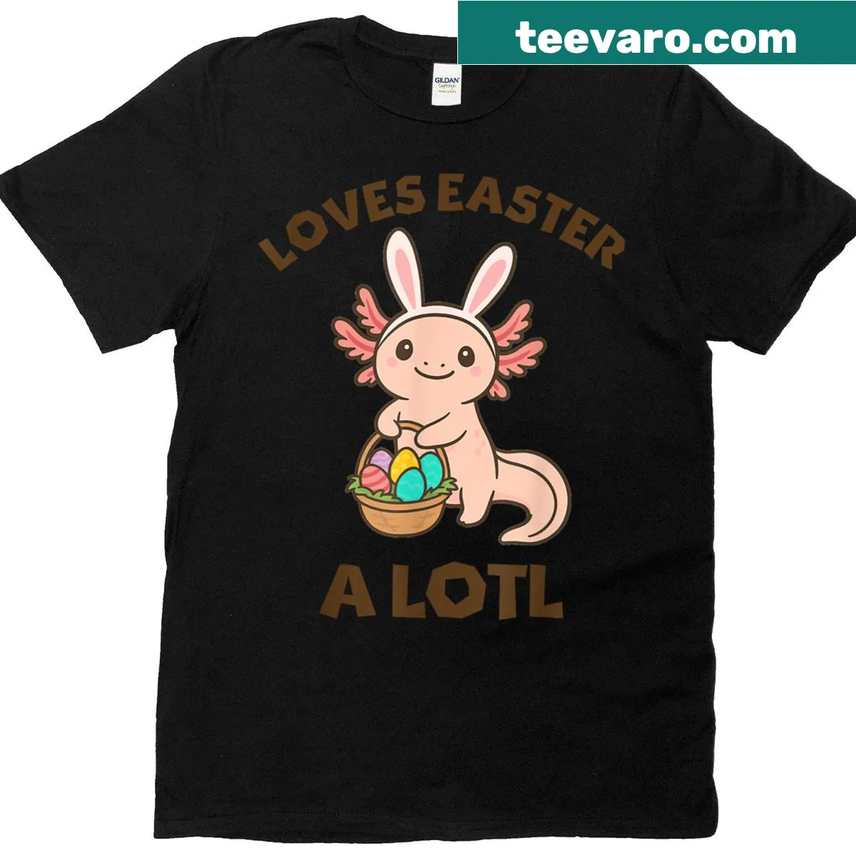 Cartoon axolotl with bunny ears and pun text on a T-shirt — on a men's t-shirt