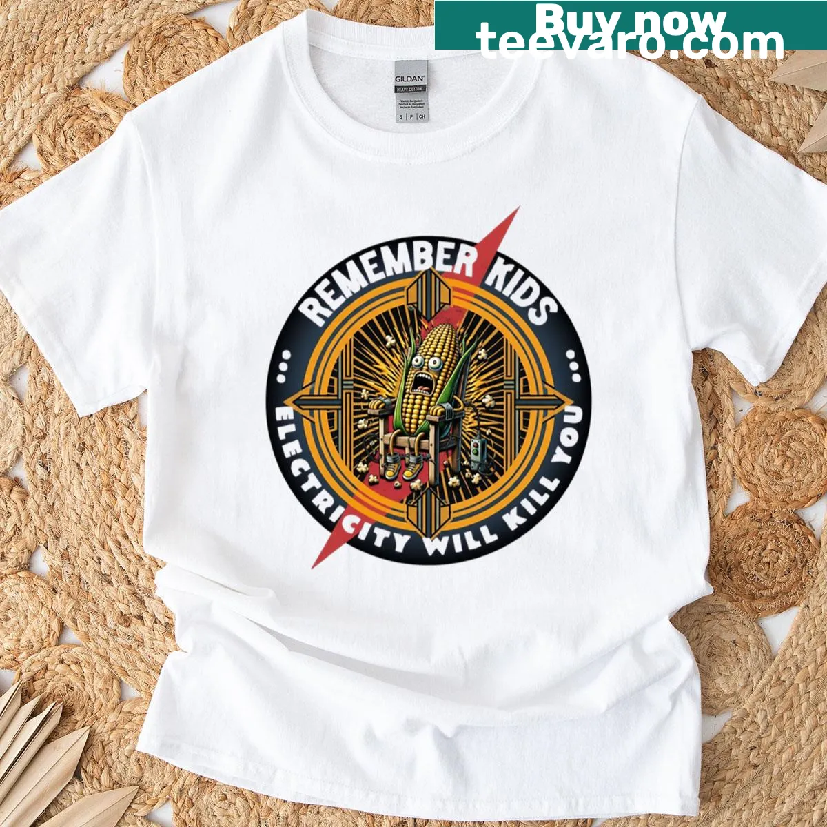 T-shirt featuring the bold message 'Electricity Kills' in graphic design — on a men's t-shirt