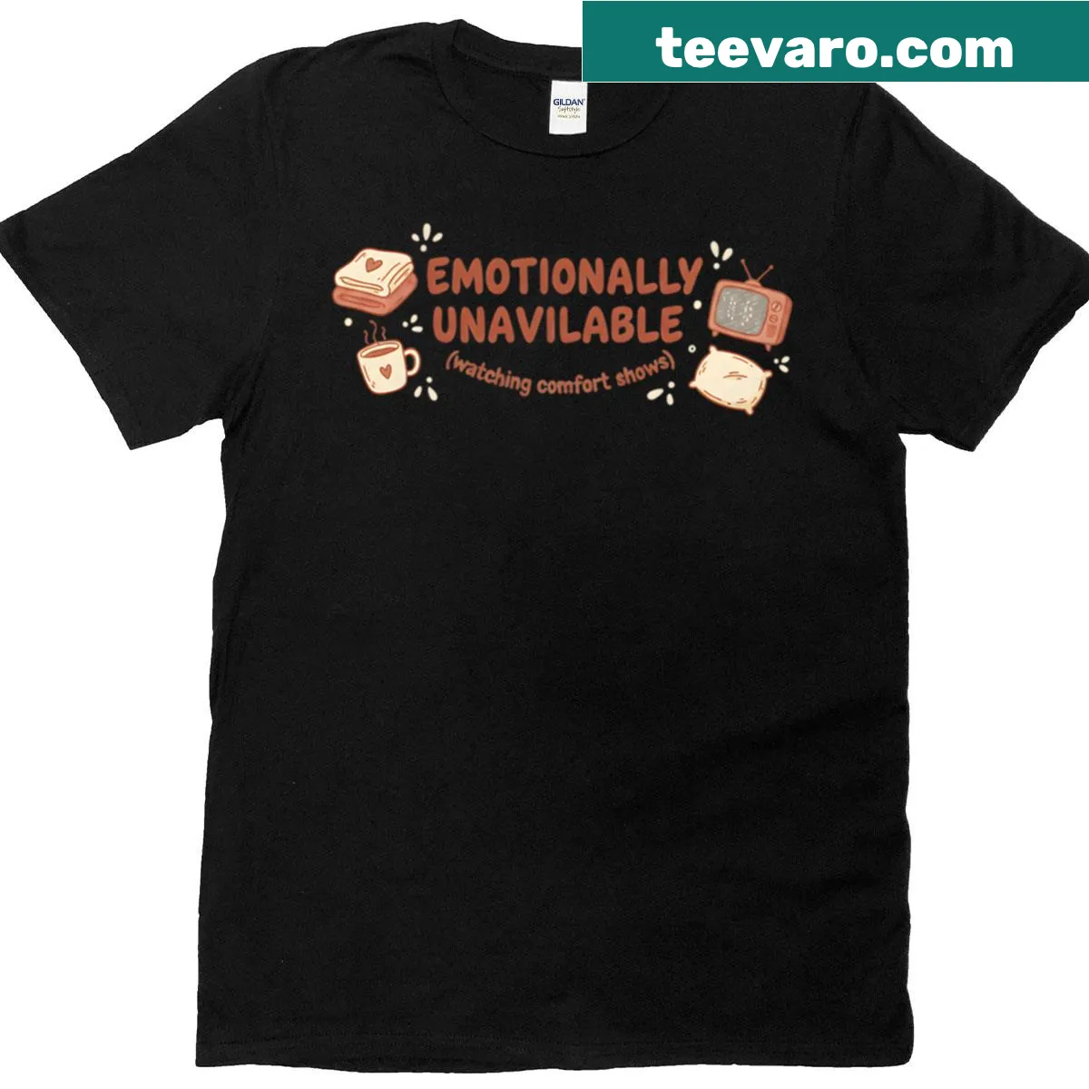 Comfort show aesthetic t-shirt with 'Emotionally Unavailable' text — on a men's t-shirt