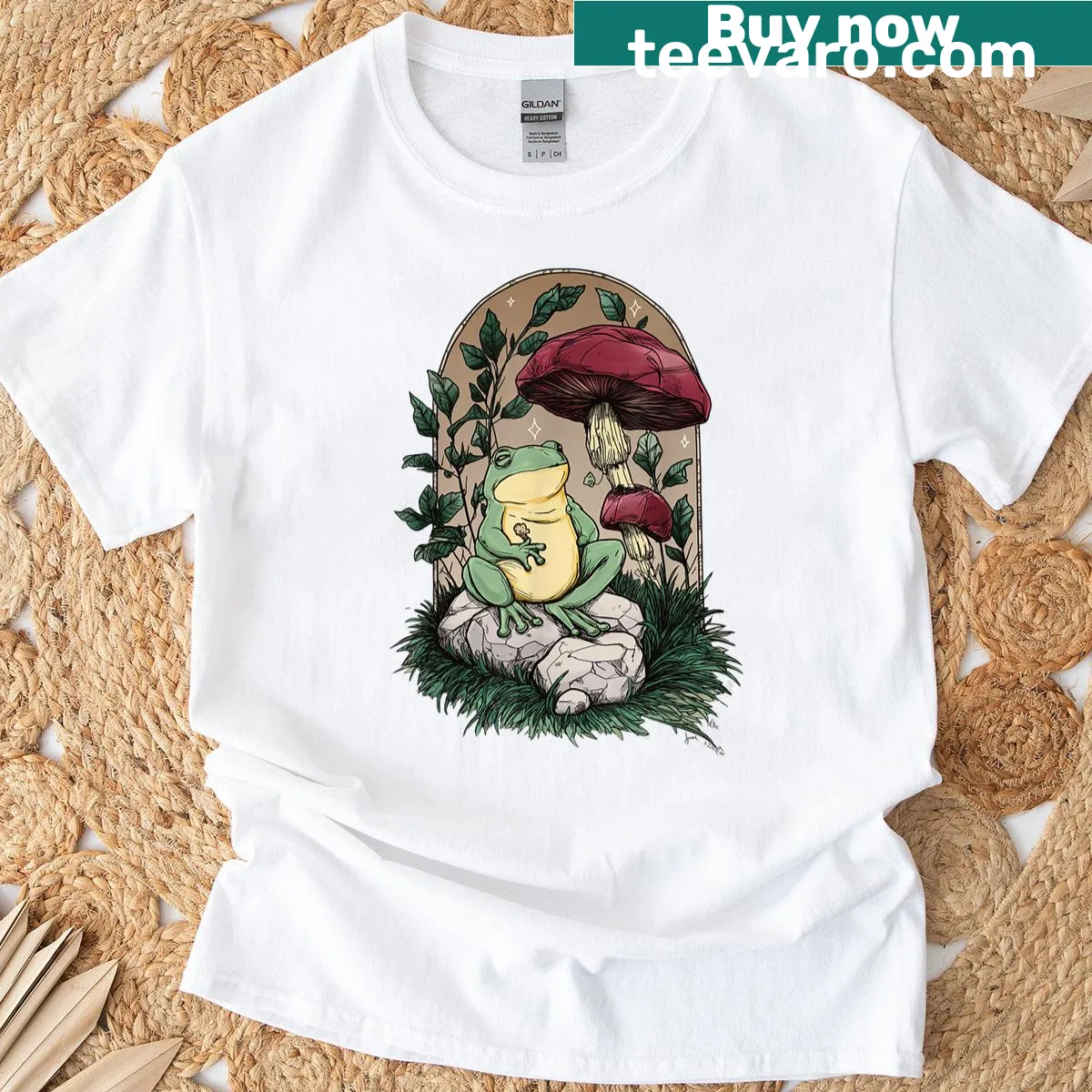 Charming frog and fungi illustration on a whimsical T-shirt — on a men's t-shirt