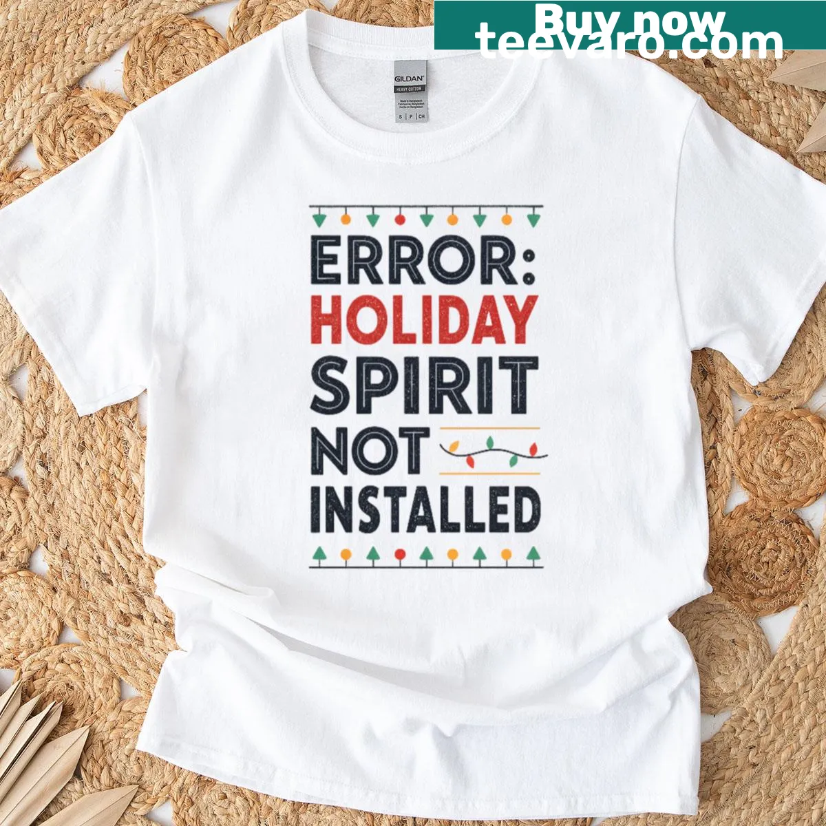 Sarcastic oversized Christmas T-shirt with 'Error: Holiday Spirit Not Installed' — on a men's t-shirt