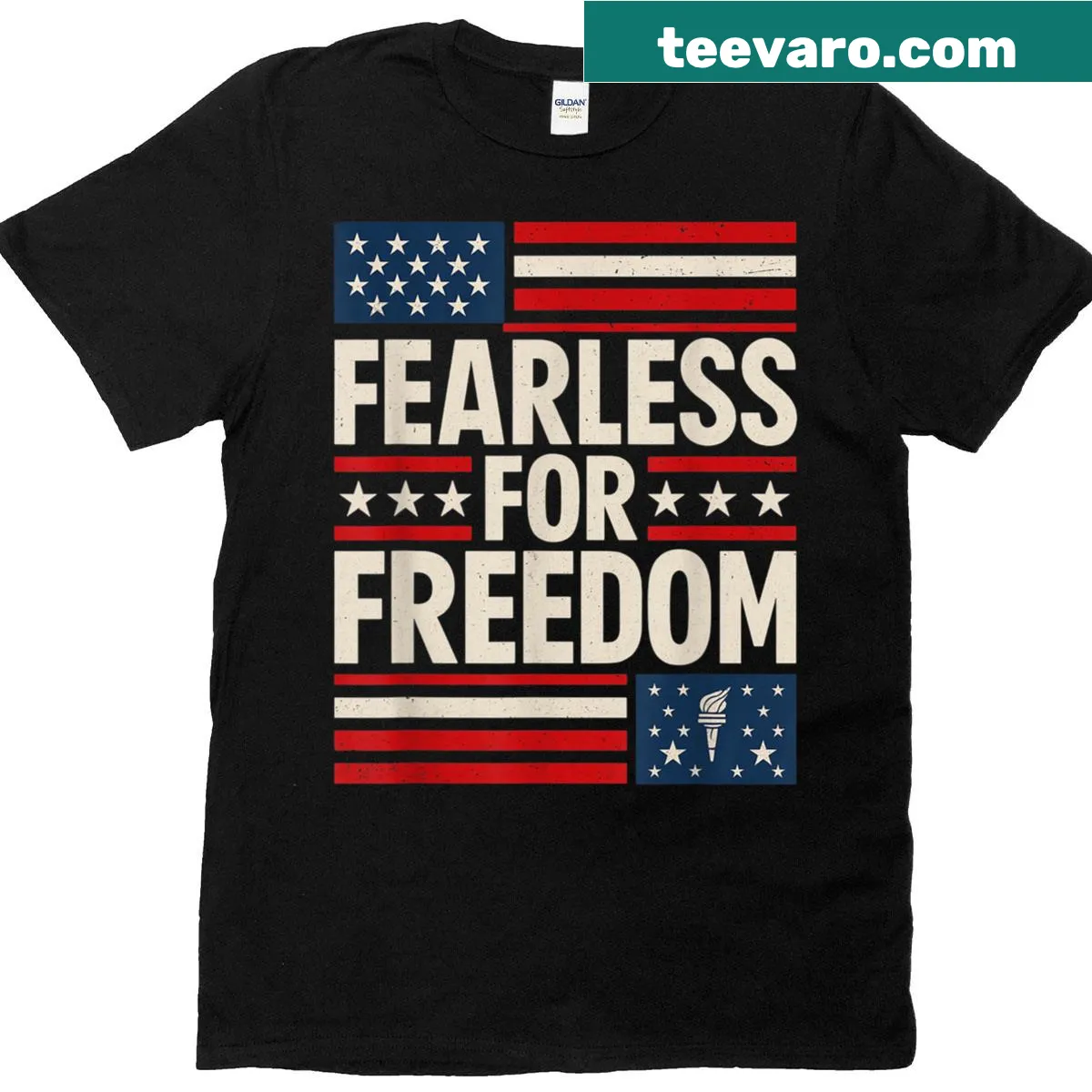 Patriotic t-shirt featuring 'Fearless For Freedom' in bold text — on a men's t-shirt