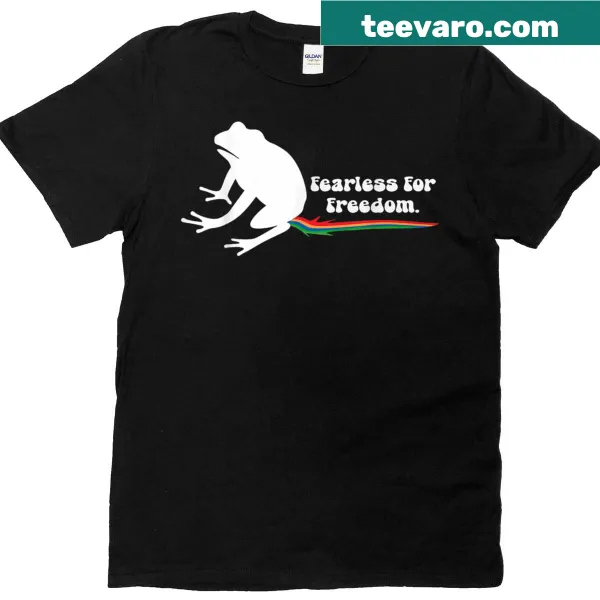 Illustrated frog design with text 'Fearless For Freedom' on T-shirt