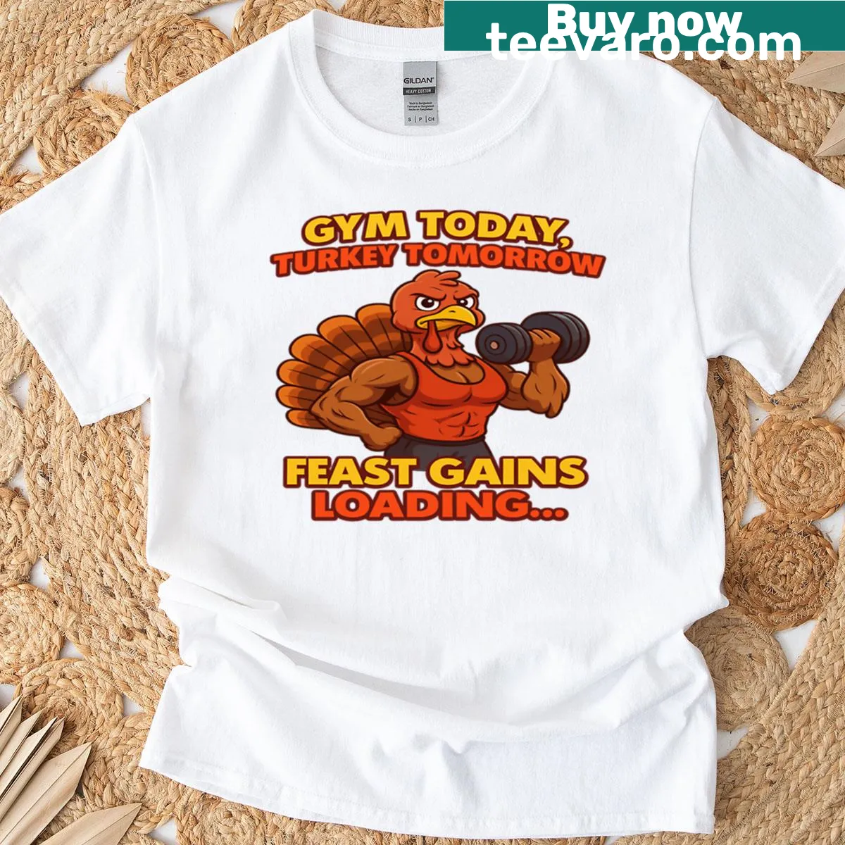 Funny gym shirt with Feast Gains Loading turkey graphic — on a men's t-shirt