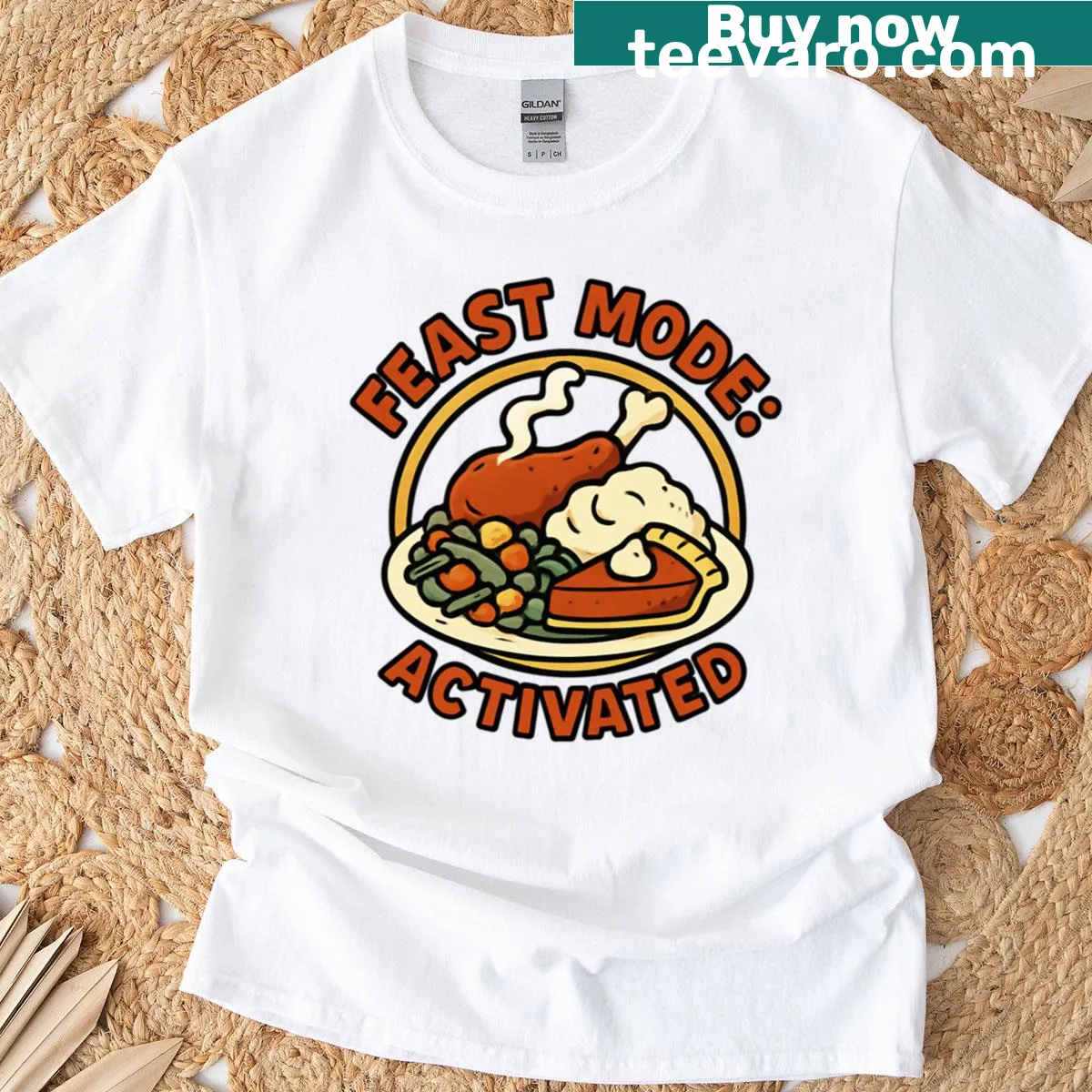 Funny Thanksgiving T-shirt with text about activating feast mode. — on a men's t-shirt