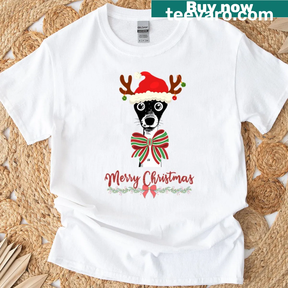 Cute dog in a reindeer hat for Christmas on a T-shirt — on a men's t-shirt