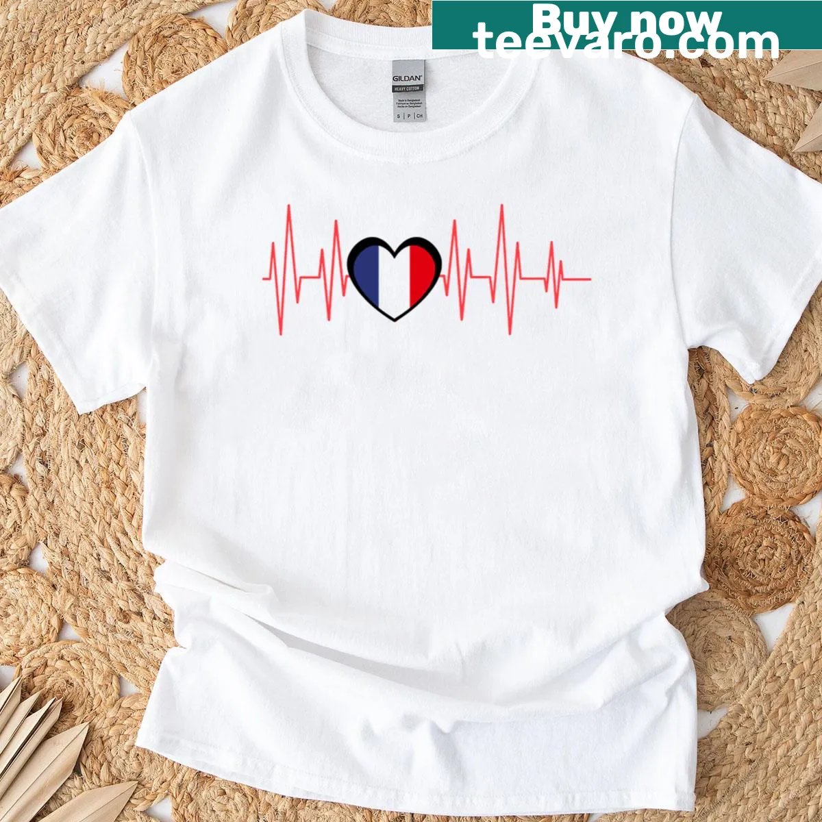 Minimalist t-shirt with heartbeat design symbolizing love for France — on a men's t-shirt