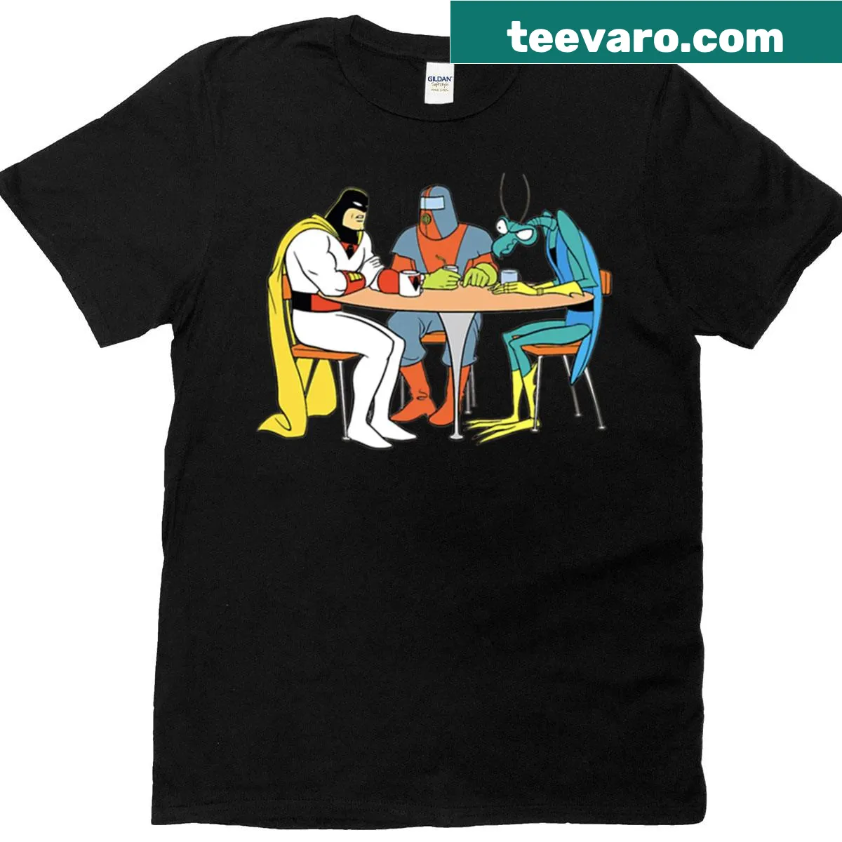 Illustrative t-shirt featuring friends gathered around a table — on a men's t-shirt