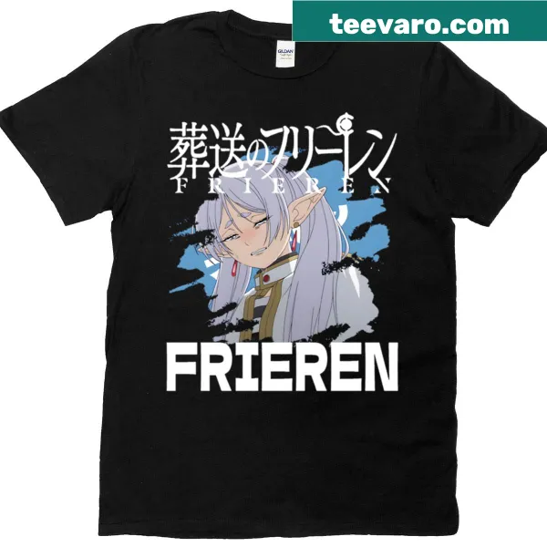 Cartoon graphic of Frieren the elf mage on a whimsical t-shirt