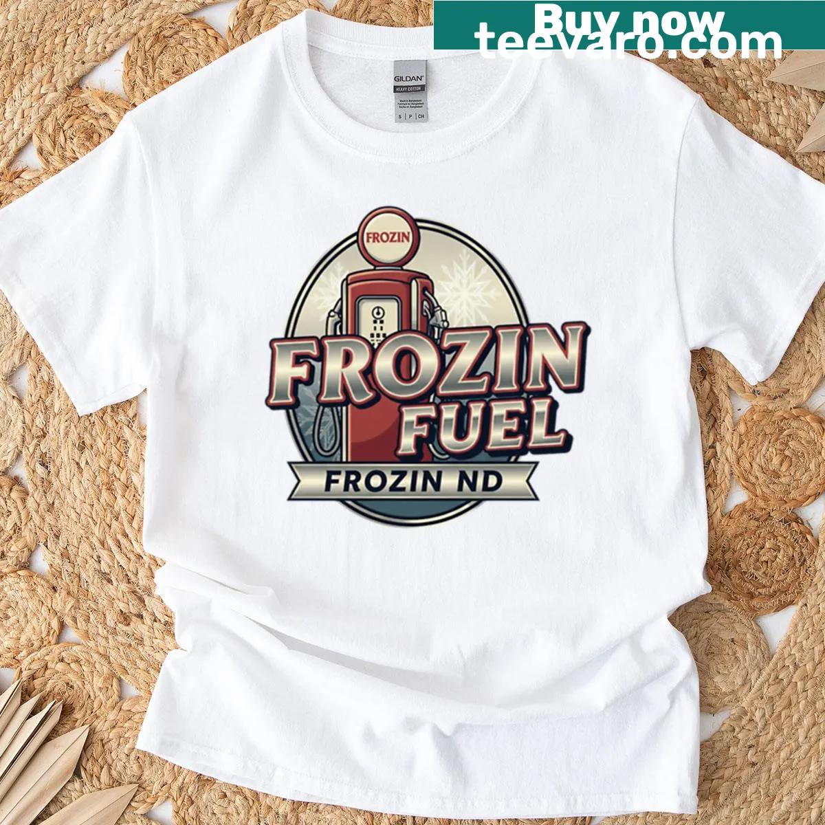 Funny retro gas station sticker graphic on a T-shirt — on a men's t-shirt