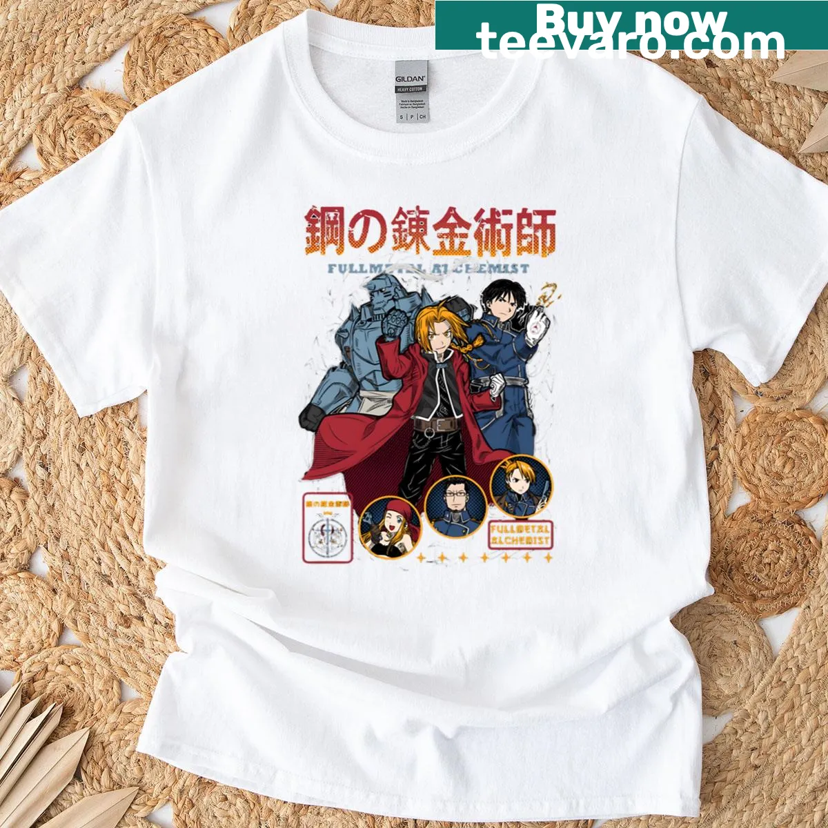 Fullmetal Alchemist team design T-shirt featuring characters from the anime — on a men's t-shirt
