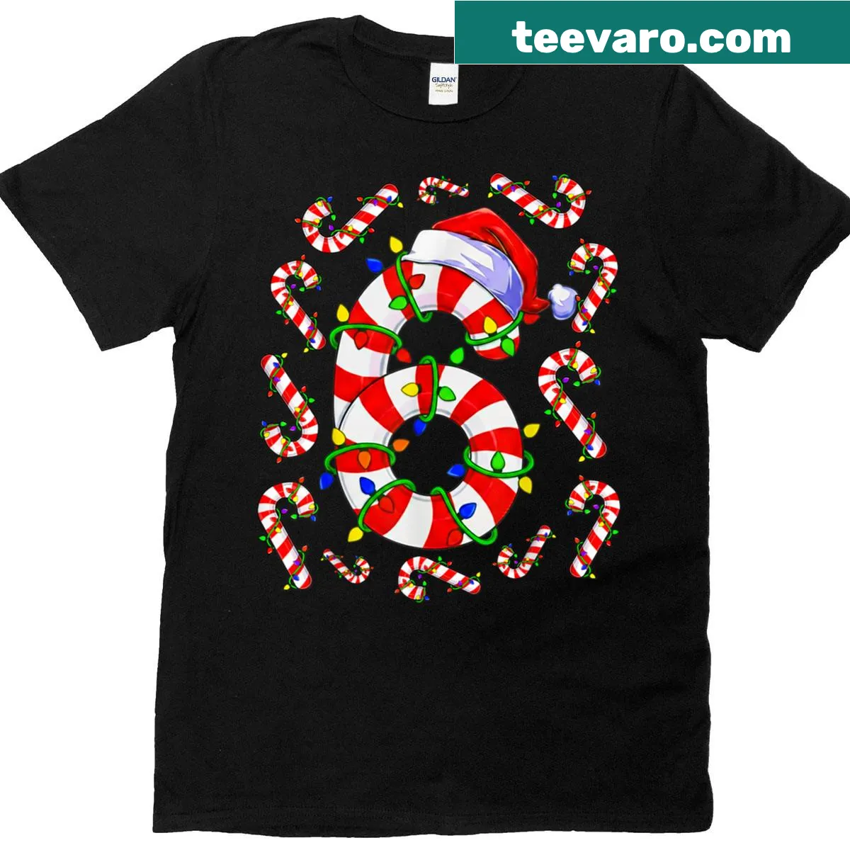 Couples Christmas t-shirt featuring Six Seven meme and candy canes — on a men's t-shirt