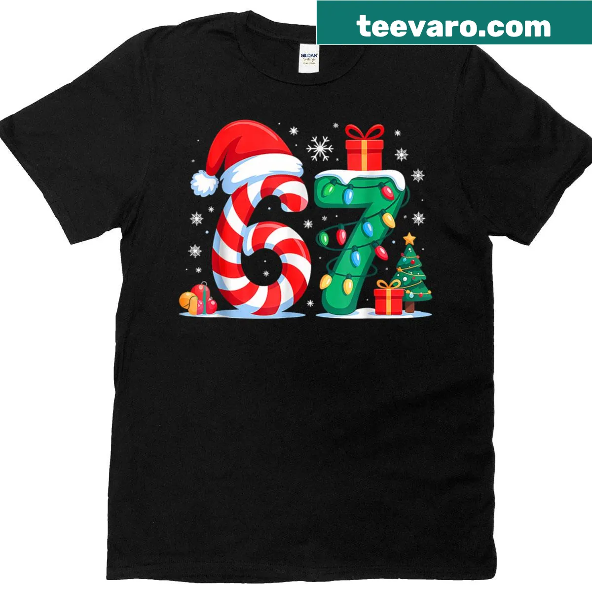 Matching couples t-shirt with funny '67' Christmas meme — on a men's t-shirt