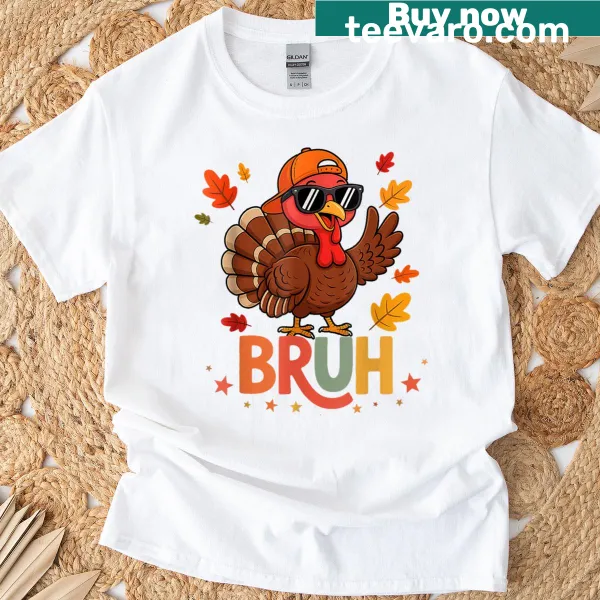 Cartoon turkey with 'Bruh' phrase for a kids' Thanksgiving t-shirt