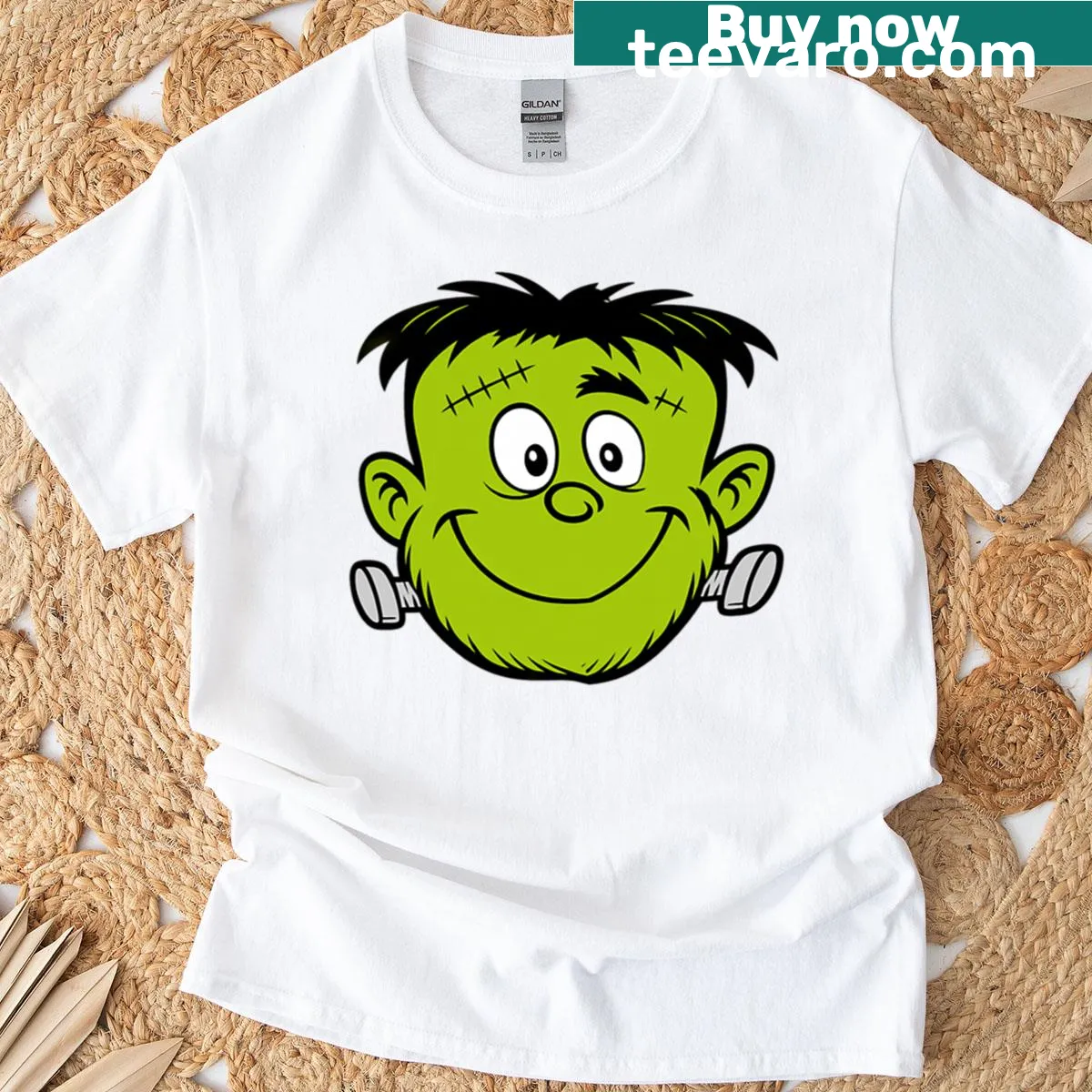 Cute Halloween t-shirt with cartoon Frankenstein face for kids — on a men's t-shirt