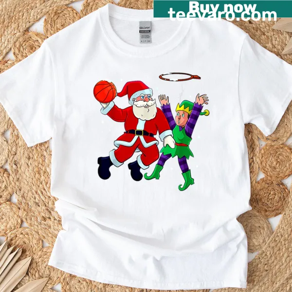 T-shirt with Santa dunking a basketball with elves
