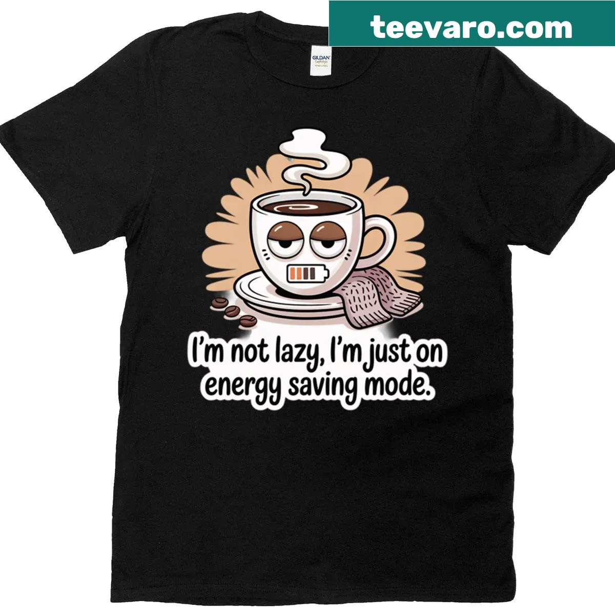 Cartoon t-shirt with sleepy coffee mug and funny quote — on a men's t-shirt