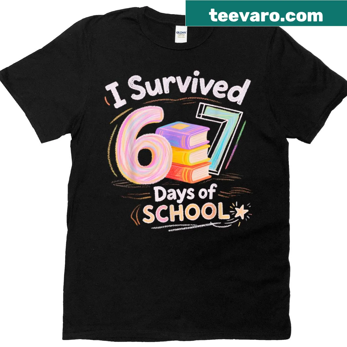 Typography t-shirt with 'I Survived 67 Days Of School' message — on a men's t-shirt