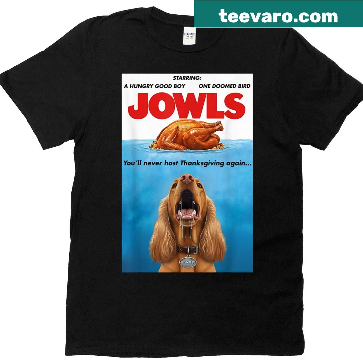 Thanksgiving T-shirt featuring an English Cocker Spaniel and turkey — on a men's t-shirt